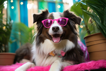 Cheerful dog relaxing in a luxurious and modern style bedroom with vibrant and bright color schemeの素材