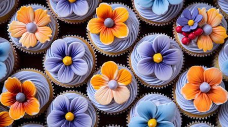 Exquisite cupcakes with edible flowers on a colorful tray, creating a delightful displayの素材