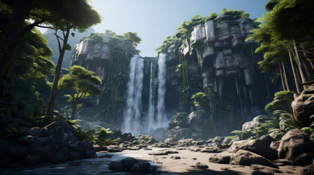Tropical rainforest waterfall in lush jungle environment with exotic flora and faunaの素材