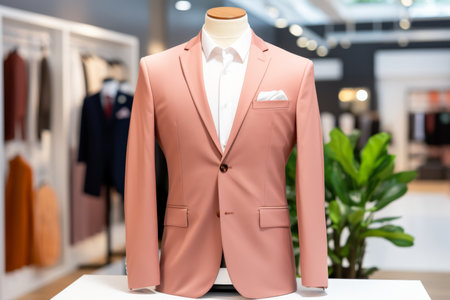 Stylish monochrome men s peach fuzz color suit displayed on mannequin in modern boutique settingの素材