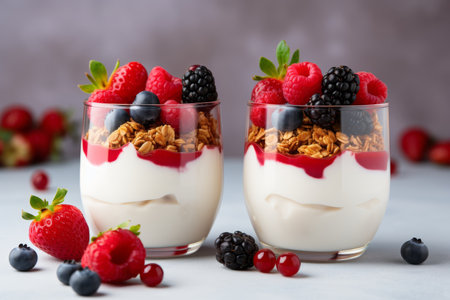 Nutritious breakfast idea granola, berries, and yogurt in jars on bright table with copy spaceの素材