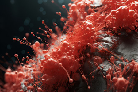 Microscopic close up of bacteria interacting with teeth in a detailed biological environmentの素材