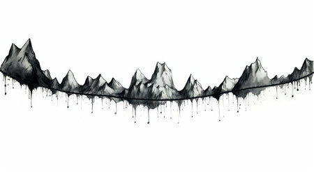 Hand drawn chain of mountains and peaks in black line on white background illustrationの素材