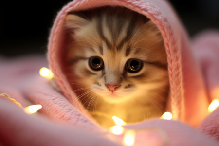 Playful kitten basking in the vibrant hues of a modern loft style bedroom with luxurious decorの素材