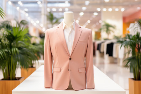 Monochrome men s peach fuzz colored suit displayed on mannequin in modern boutiqueの素材
