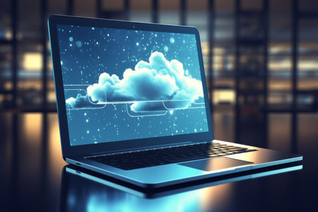 Modern laptop screen showing digital representation of cloud computing technologyの素材
