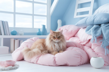 Playful kitten enjoying a cozy and luxurious atmosphere in a bright, modern loft style bedroomの素材