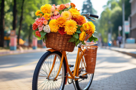 Vintage bicycle carrying a basket full of flowers in a nostalgic and charming scene of natureの素材