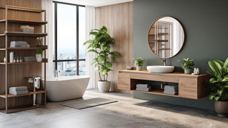 Sleek bathroom with toilet, wooden accents, and greenery for modern living spacesの素材