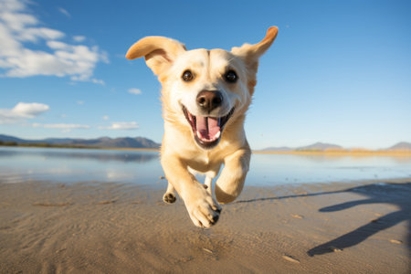 A joyful dog sprinting on the beach, offering plenty of space for text or design elementsの素材