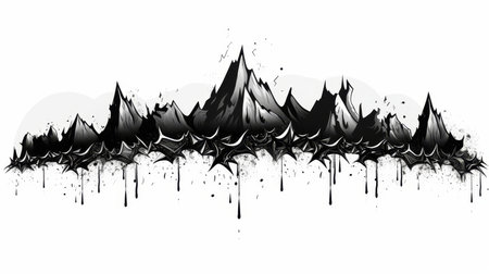 Hand drawn detailed chain of mountains and peaks in black line on a clean white backgroundの素材