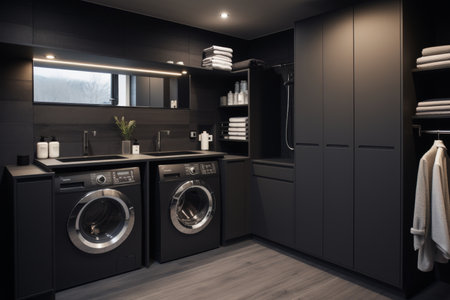 Contemporary interior design of a functional laundry room in a real home settingの素材