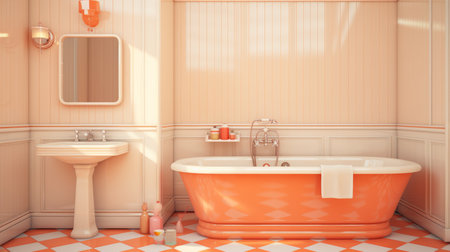 Stylish modern bathroom interior in soft peach tones with bathtub and decorative tiled wallの素材
