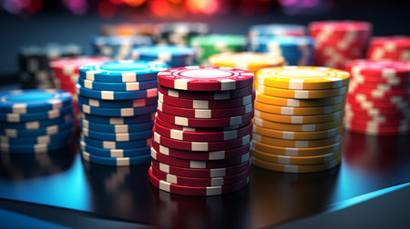 Glowing poker chips on minimalist studio background with dramatic lighting and free copy spaceの素材
