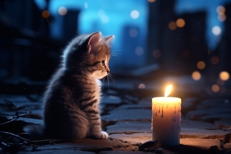 Curious kitten in dark abandoned city street, captivated by eerie urban atmosphere at nightの素材