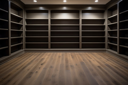 Bright modern dressing room interior with empty functional shelves for organization and storageの素材