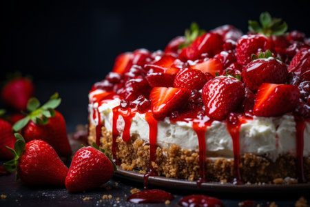 Close up shot of mouthwatering strawberry cheesecake with ample copy space for text or brandingの素材