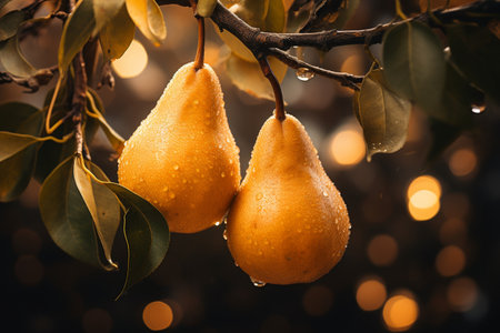 Close up shot of ripe pears hanging on a tree branch with a lush garden backgroundの素材