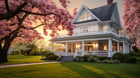 Beautiful home exterior with lush green grass and blooming sakura trees in spring seasonの素材