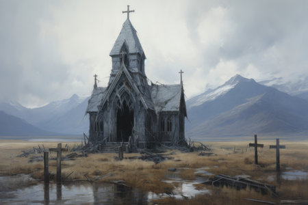 Tranquil summer nature scene with an intricate illustration of an ancient gothic houseの素材