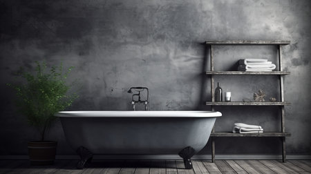 Contemporary dark bathroom interior with bathtub and concrete wall, kinfolk design styleの素材
