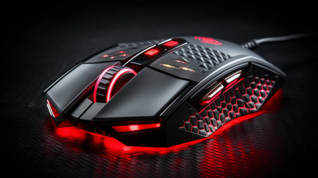 Detailed close up of a professional gaming mouse on a wooden table desk with ample free copy spaceの素材