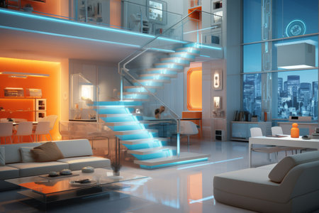 Smart home interior with lighting, voice control, and security cameras for modern livingの素材