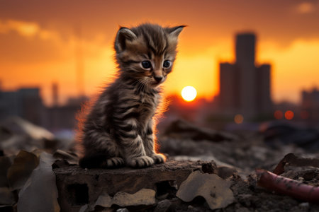 Lonely cute kitten exploring the eerie streets of a dark and abandoned city at nightの素材