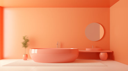 Chic peach bathroom interior with contemporary minimalistic 3d design and luxurious bathtubの素材