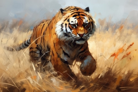 Majestic tiger in natural habitat, expressive oil art style, captivating wildlife illustrationの素材
