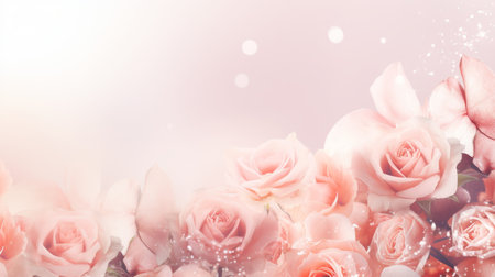 Rose flowers double exposure, pastel tones greeting card template with copy spaceの素材