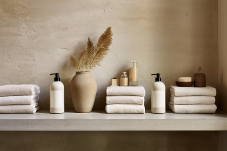 Zero waste spa soap, lotion dispensers, linen towel, dry shampoo on oak kinfolk style conceptの素材