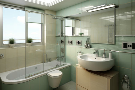 Sleek and stylish light green bathroom interior featuring a bathtub and beautifully tiled wallsの素材