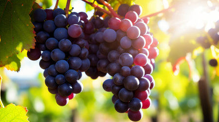 Close up of ripe grapes on a vineyard branch in a detailed macro view against a vineyard backgroundの素材