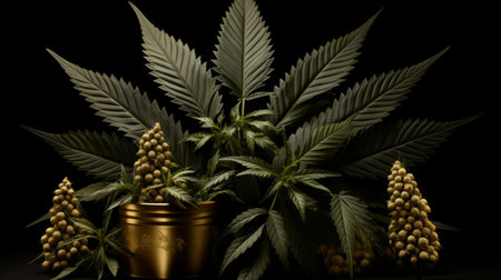 Bold cannabis leaves form abstract composition against dark backdrop in striking visual displayの素材