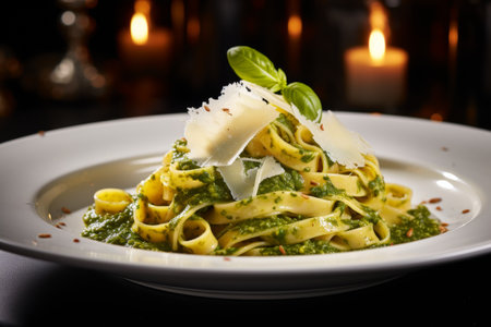 Savory tagliatelle pasta with pesto and parmesan on plate in modern restaurant dinner menu conceptの素材