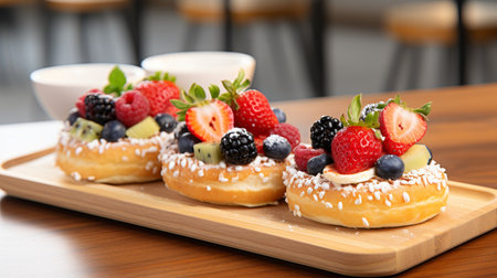 Assorted donuts with fresh fruits on a rustic wooden board displayed in a contemporary cafe settingの素材
