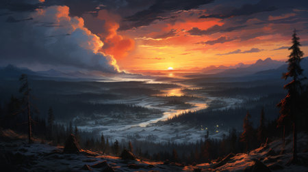 Tranquil sunset in spring forest artistic nature illustration capturing beauty and serenityの素材