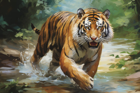 Majestic tiger in the wilderness, rendered in oil painting art style, captivating nature sceneの素材