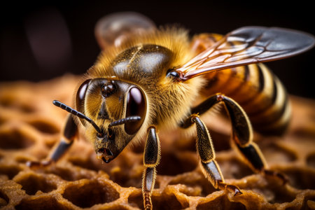 Intricate bee wings and fuzzy body, celebrating beauty and importance on world bee dayの素材