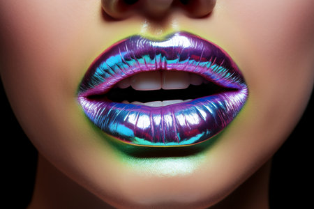 Holographic chrome metal lips with a macro close up shot, isolated on a sleek black backgroundの素材