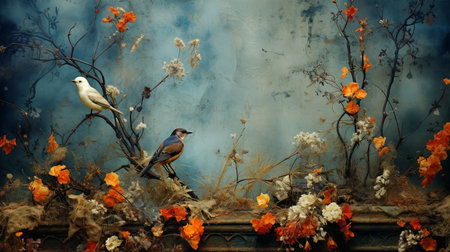 Colorful tropical floral and bird wall art print for home decor and interior designの素材