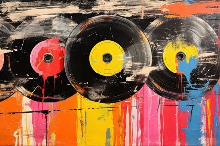 Grunge collage with vinyl records and pop art graffiti in vibrant colors bursting with energyの素材