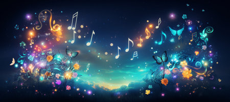 Surreal space of drifting musical notes transforming into vibrant blossoms, abstract backgroundの素材