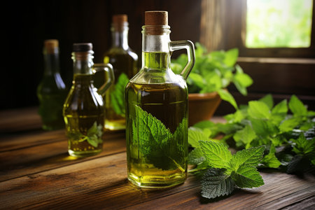 Fresh nettle leaves and nettle essential oil in bottle displayed on rustic wooden backgroundの素材
