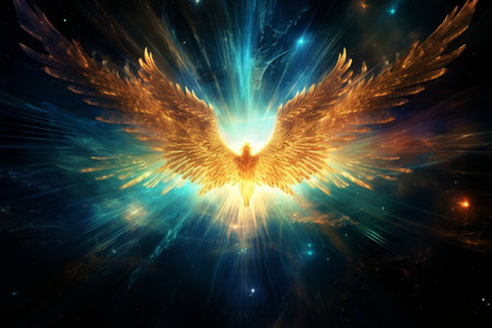 Celestial being gracefully exploring the universe with iridescent wings and comet trailsの素材