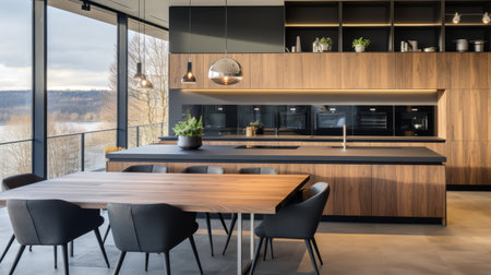 Wooden table in foreground with kitchen in the background creating a cozy home ambianceの素材