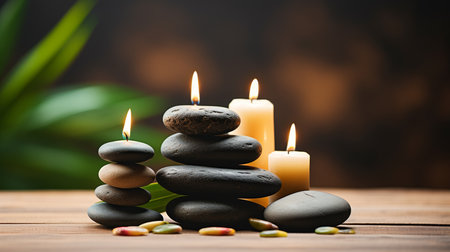 Zen harmony and meditation concept with candles and black stones on wooden backgroundの素材