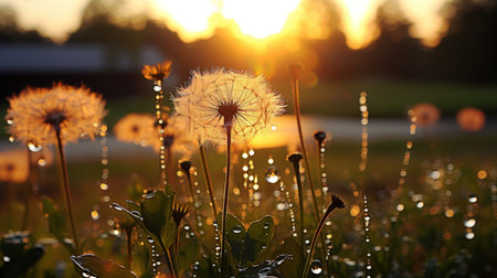 Dandelion with raindrop reflecting sunlight rays, capturing delicate nature interplayの素材