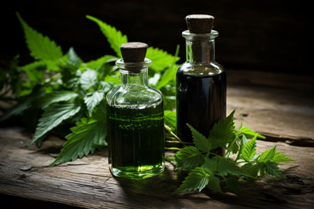 Nettle leaves and essential oil bottle on rustic wooden surface for natural remedies and wellnessの素材